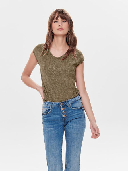 ONLSILVERY S/S V NECK LUREX T