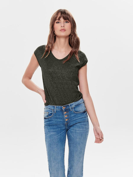 ONLSILVERY S/S V NECK LUREX T